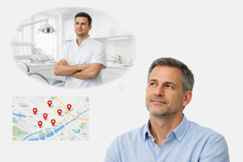 Mann fragt sich ob er dem Zahnarzt vertrauen kann