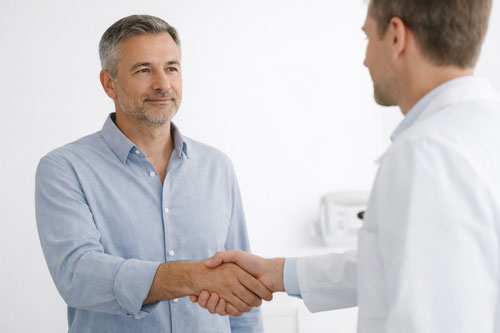 Zahnarzt begrüsst einen neuen Patienten